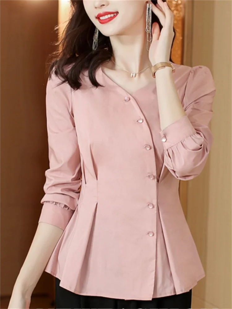 Diagonal Shirt Women Blouses Top V-neck Long Sleeve Women\'s Shirt Cardigan Women Clothes Shirt Slim Blouses Pink Femme Shirt