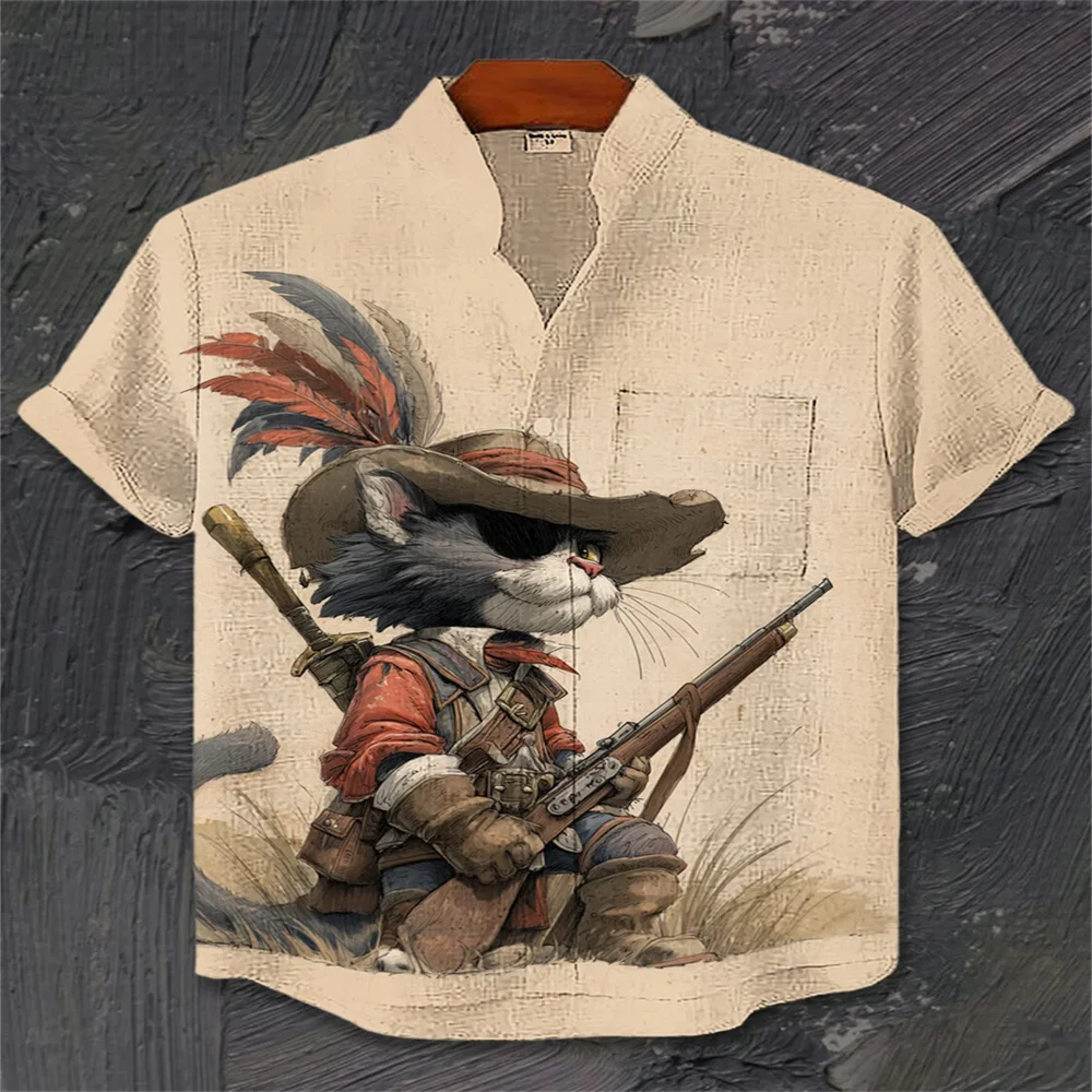 Camisa de Manga Corta con Cuello Mao para Hombre, Estampado Japonés Ukiyo-e de Gato Negro y Medusas, Camisas con Botones, Estilo Vintage Harajuku Streetwear