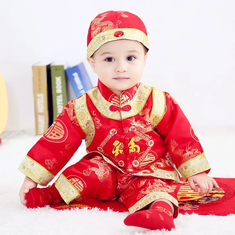 Setelan pakaian anak-anak tradisional Cina, setelan Festival Musim Semi Cina, pakaian Tahun Baru, Set kostum Fotografi satu tahun