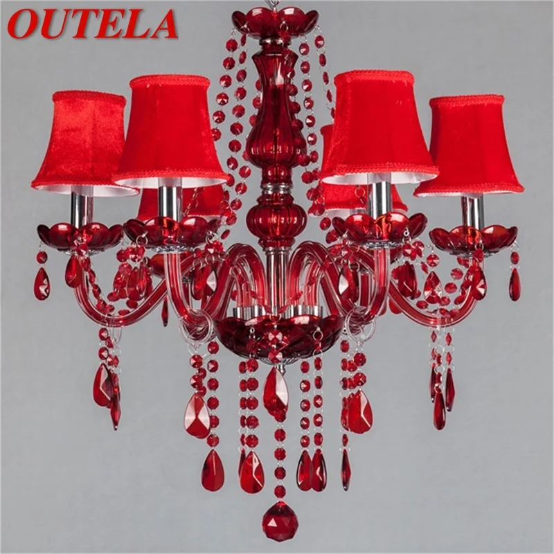 

OUTELA European Style Chandelier Red Pendant Crystal Candle Luxury LED Light Fixtures Modern Indoor for Home Living Room