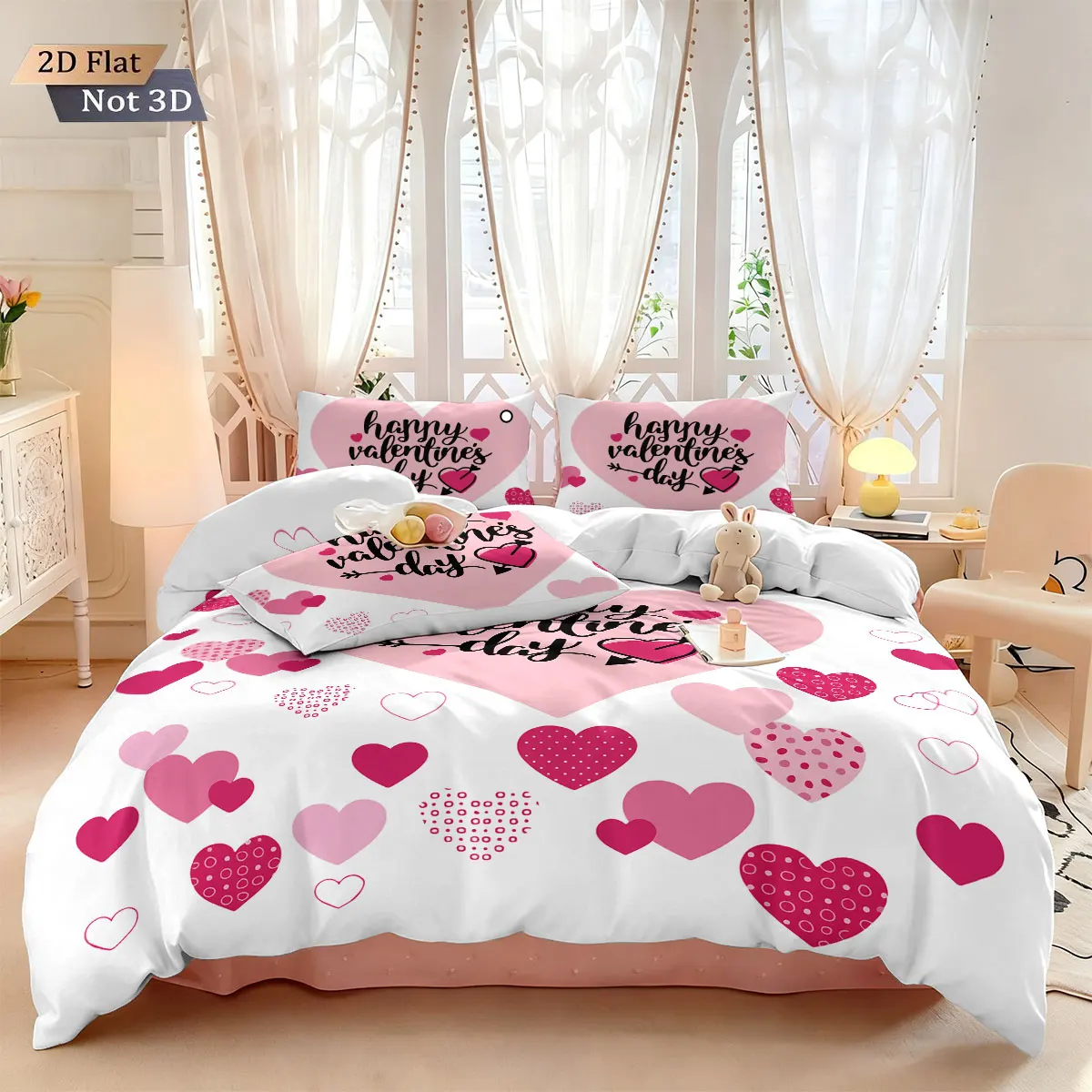 3pcs Valentine's Day Pink Romantic Love Printed Coreless Down Duvet Cover Set, Multi Size Bedding, Holiday Decoration