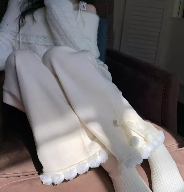 Large Size Women Autumn Winter Fleece Thickened Hairball Bow Knitted Wide-leg Pants Fashion Leisure Apricot Straight-leg Pantses