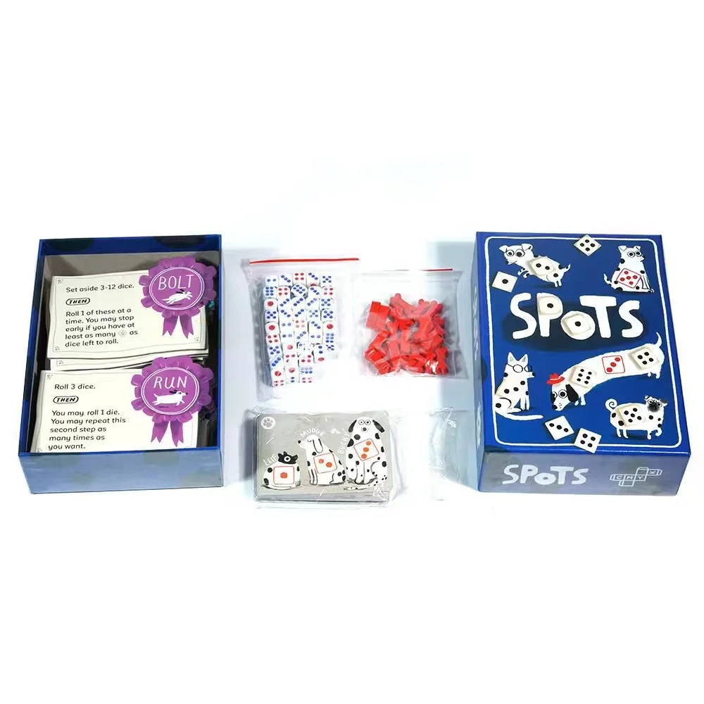 SPOTS game about rolling dice to boost your luck And the dog card game Board games