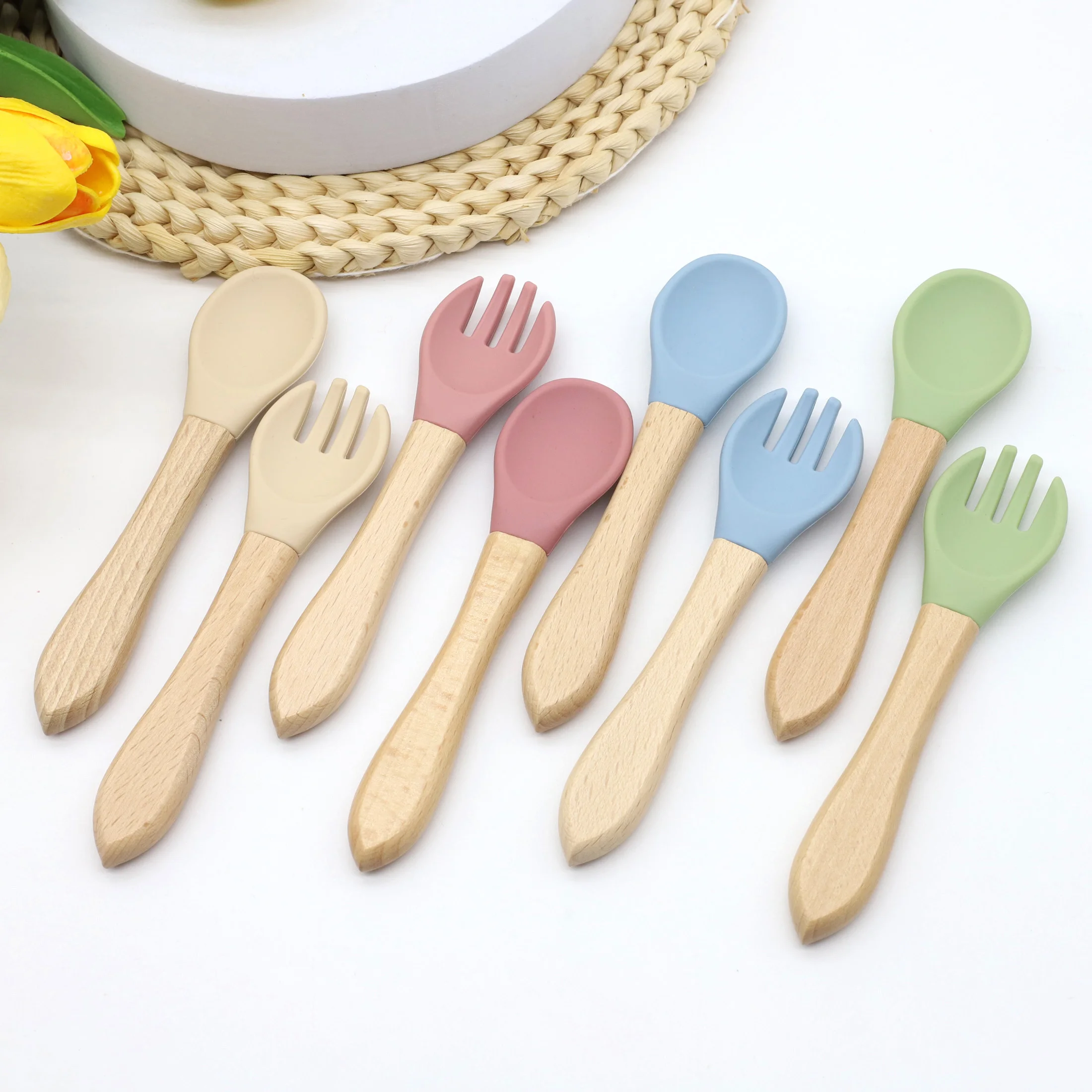 Hot Selling Food Grade Silicone Wooden Handle Spoon and Fork Set for Complementary Food Feeding Training Spoon and Fork