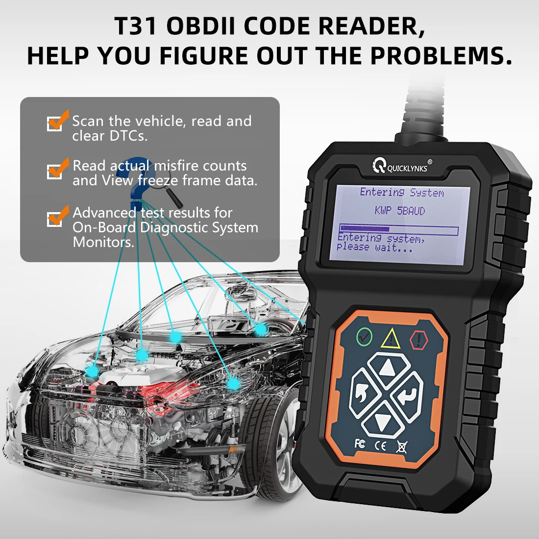 QUICKLYNKS T31 OBD2/EOBD Car Scanner Check Auto Engine System Diagnostic Tools Automotive Professional Code Reader Scanner