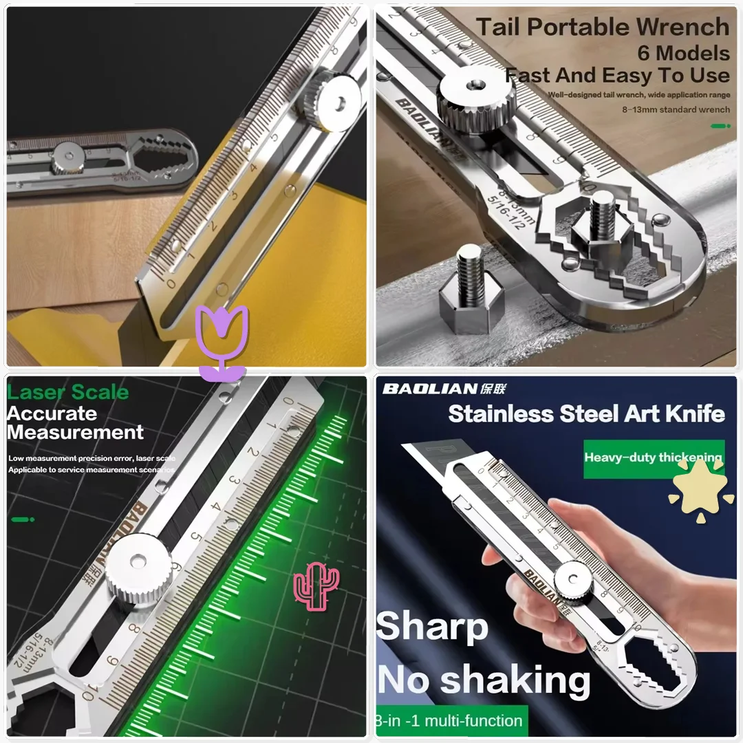 8 in 1 Multi Purpose Utility Knife Box Cutter Stainless Steel Retractable Heavy Duty Renovation Site Trim Tool