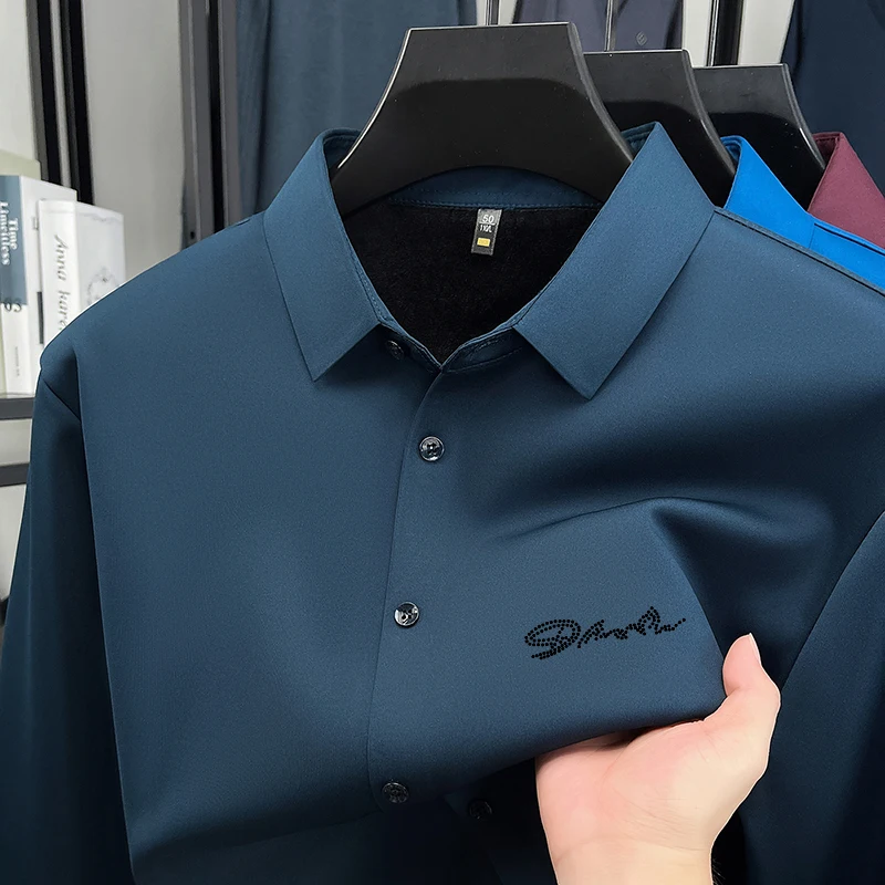 Лидер продаж, мужская рубашка с длинными рукавами, флисовая подкладка, утолщенные пуговицы с лацканами, бесшовный принт, новые зимние топы для отдыха в британском стиле