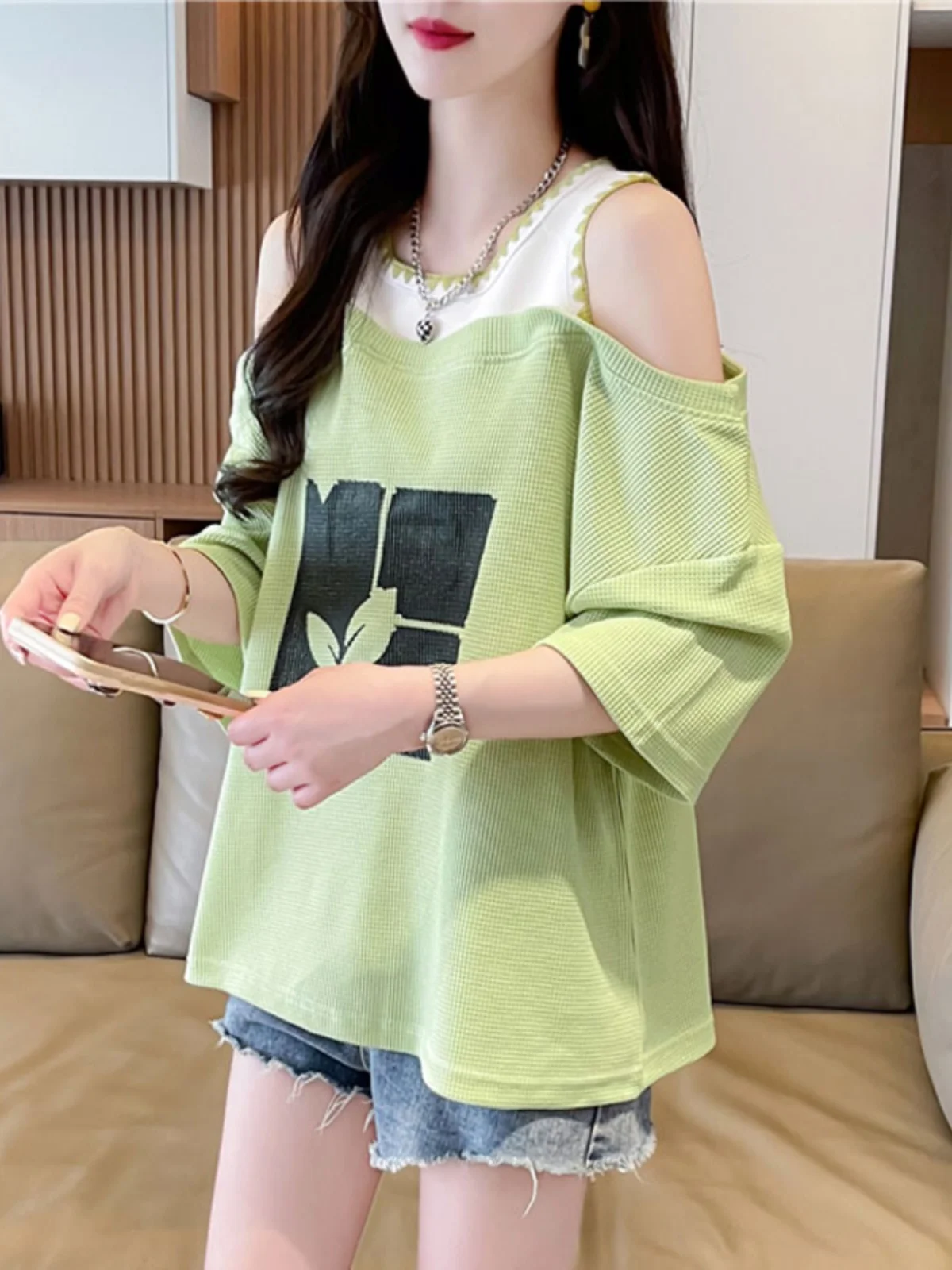 

Shoulder Bared Fake Two-Piece Short Sleeve T-Shirt Women Summer New Loose plus Size Women's Small Size Exposure Shoulder Top