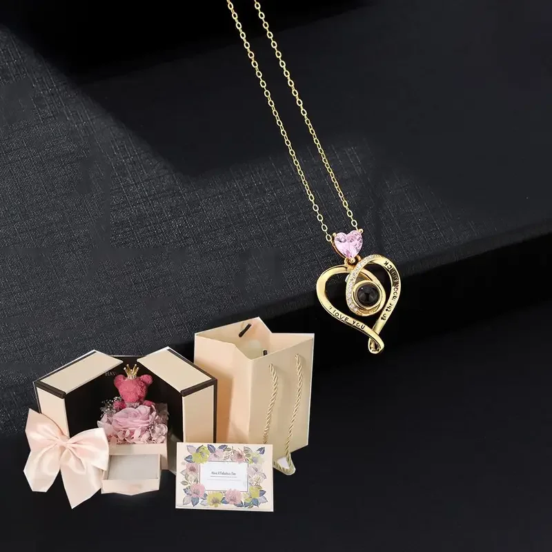 Customized Color Photo Projection Heart Necklaces With Cute Bear Rose Flower Gift Box Fashion Birthday Valentine Gifts