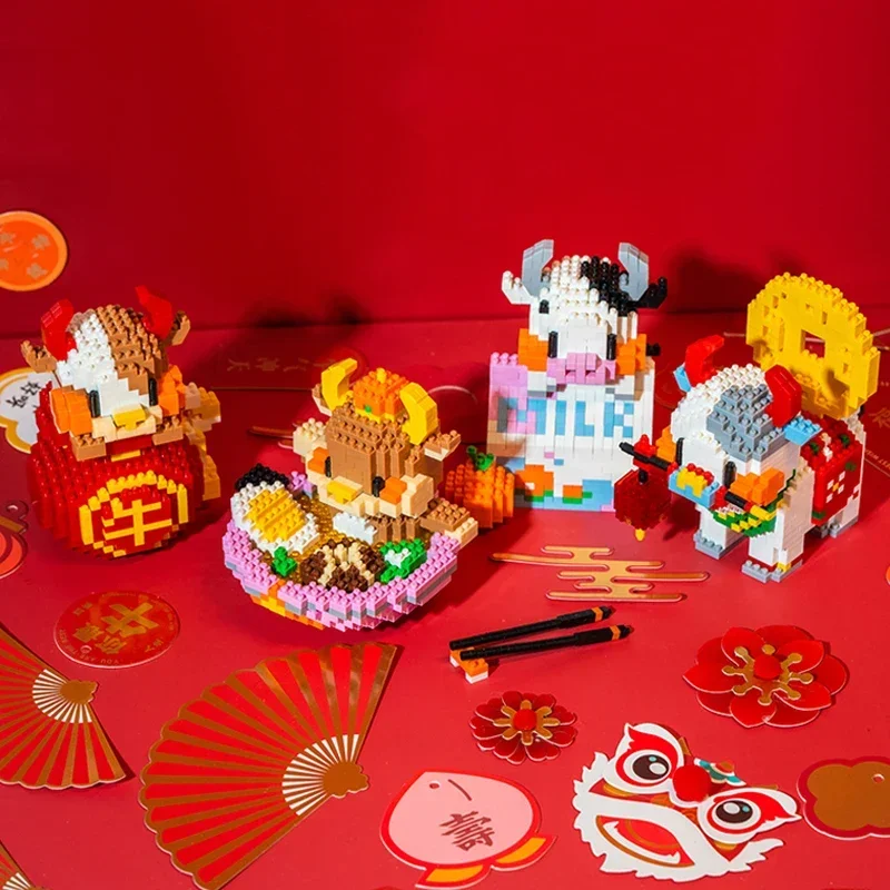 SC Spring Festival Ox Year Copper Coin Noodle Milk Lucky Bag Cattle Pet Animal 3D Mini Diamond Blocks Bricks Building Toy No Box