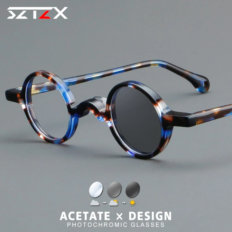 

SZTZX Small Size Round Acetate Handmade Glasses Frame Women Fashion Retro Clear Eyeglass Men Photochromic Prescription Eyewear