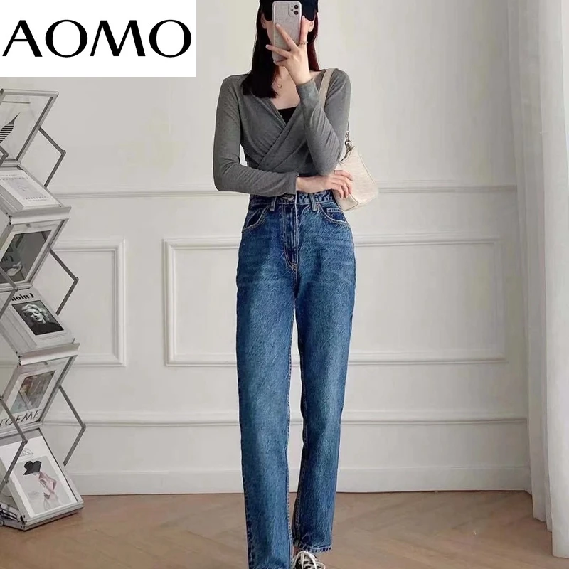 

AOMO 2022 Fashion Women Casual Blue Jeans Pants Long Trousers Pockets Buttons Female Pants 4M70A