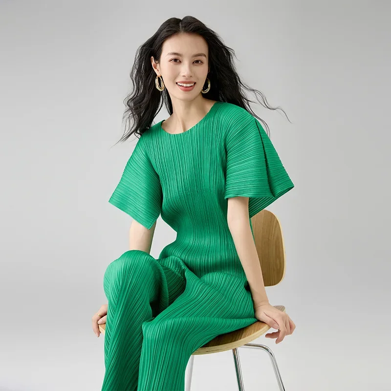 Miyake Women's Set Summer Thin Tight T-shirt Fashion Wide Leg Pants 2-piece Set Solid Color Casual Commuter Versatile