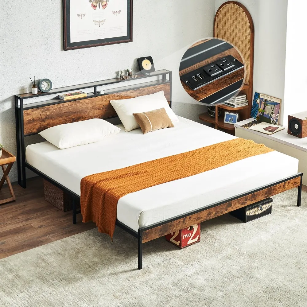 

King Bed Frame with Headboard, Bed Frame King Size with Charging Station, No Box Spring Needed, Steady and Noiseless