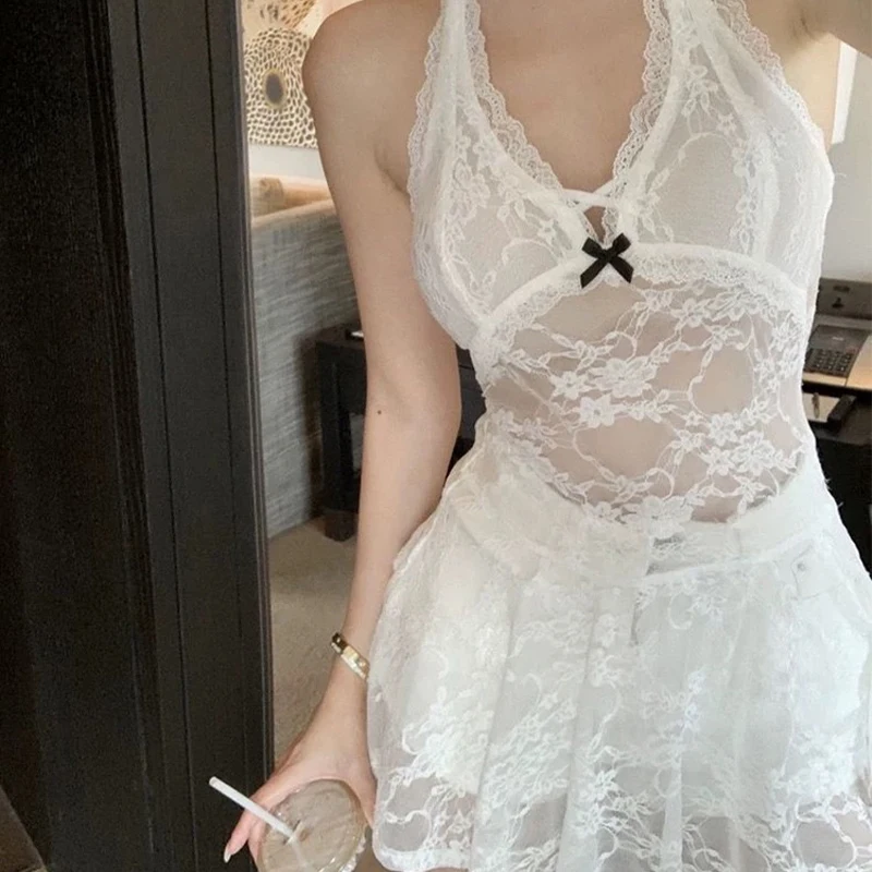 Combhasaki Damen-Sommerkleid mit Neckholder, Blumenspitze, durchsichtig, ärmellos, schmale Passform, rückenfrei, kurzes Mini-A-Linien-Kleid