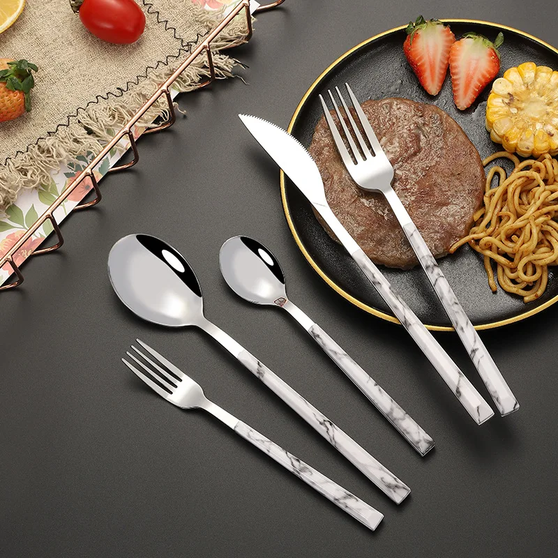 5Pcs Stainless Steel Cutlery Set Imitation Marble Handle Western Tableware Spoon Steak Knife Fork for Kitchen Dinnerware Kit