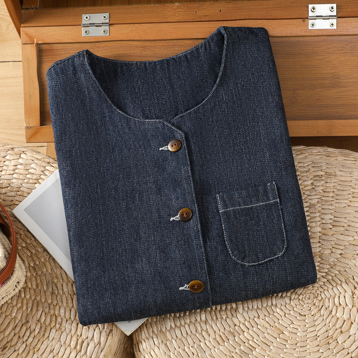 ผู้หญิง O-คอปุ่ม DENIM เสื้อกั๊กฤดูใบไม้ผลิฤดูร้อนเสื้อแขนกุด VINTAGE Outwear COVER UPS TOP