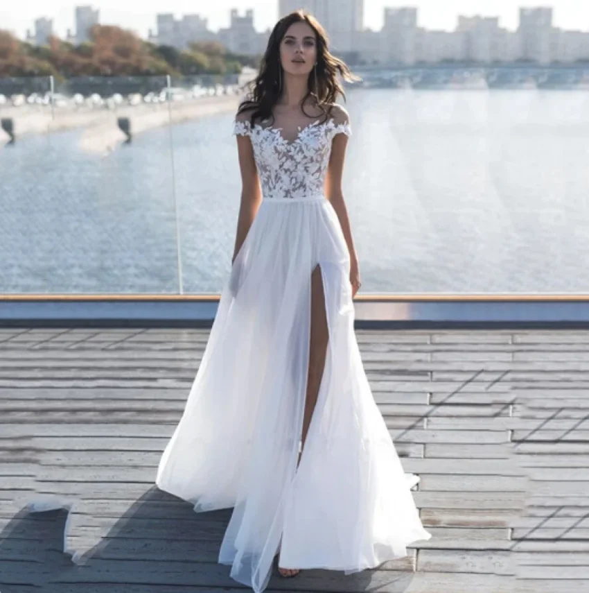 A Line Side Slit Bridal Gowns Simple Lace Appliques Chiffon Robe De Mariee  Wedding Dresses Off Shoulder Sweetheart
