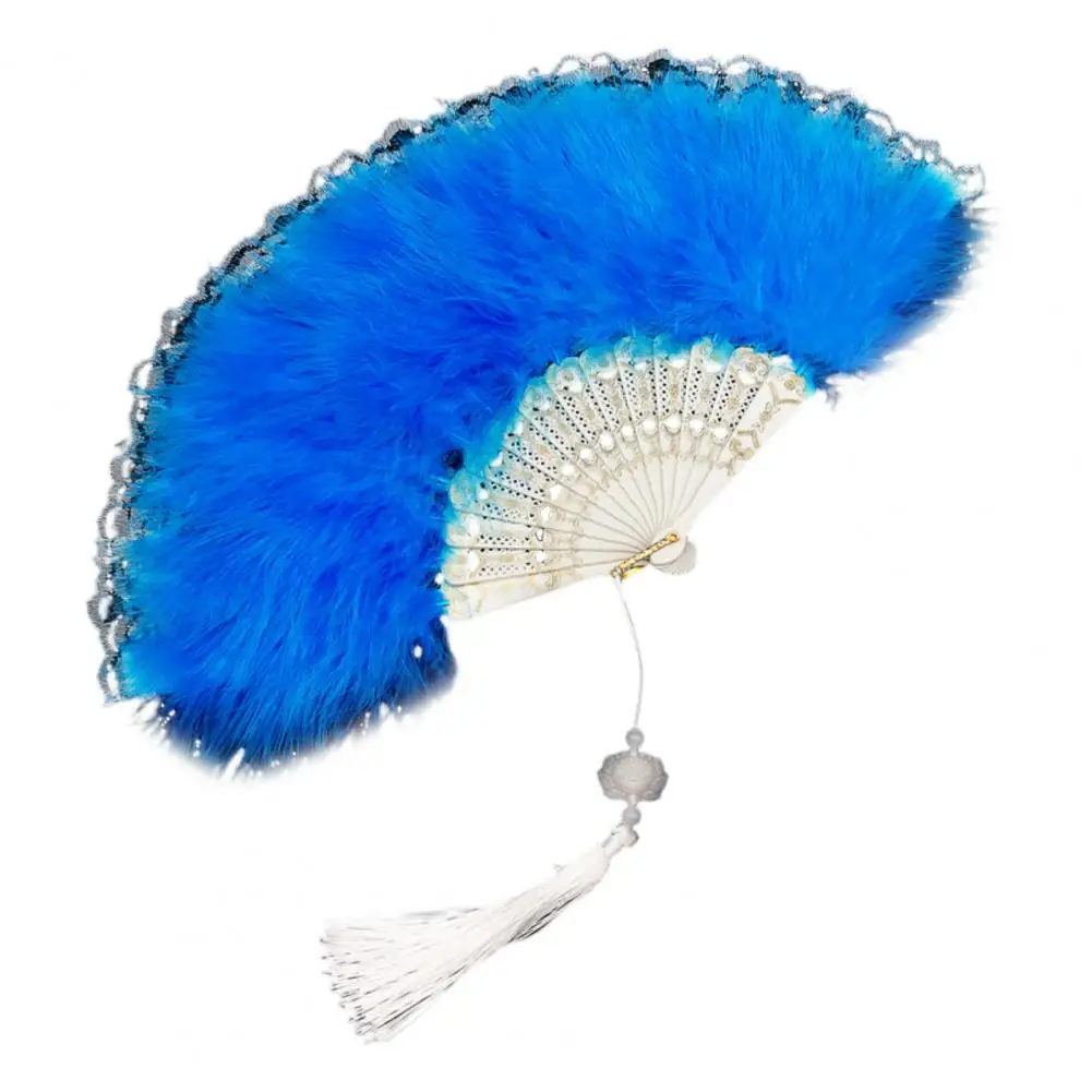 Feather Fan Decoration Elegant Vintage Lace Folding Fan with Feather Tassels for Summer Parties Dance Performances Costume