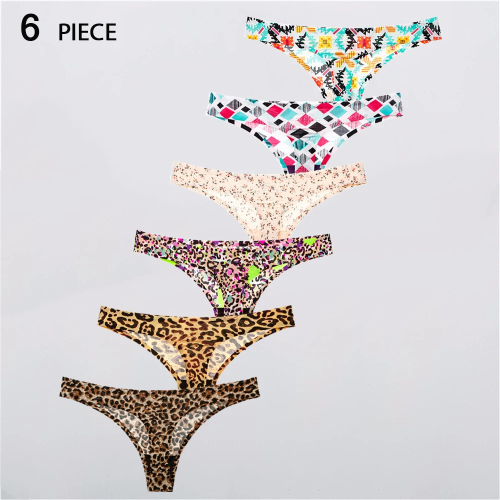 

6Pcs Ultra Soft Sexy Graphic Print Seamless Leopard Thongs Women's Stretch G-Strings Comfortable Lingerie Underwear