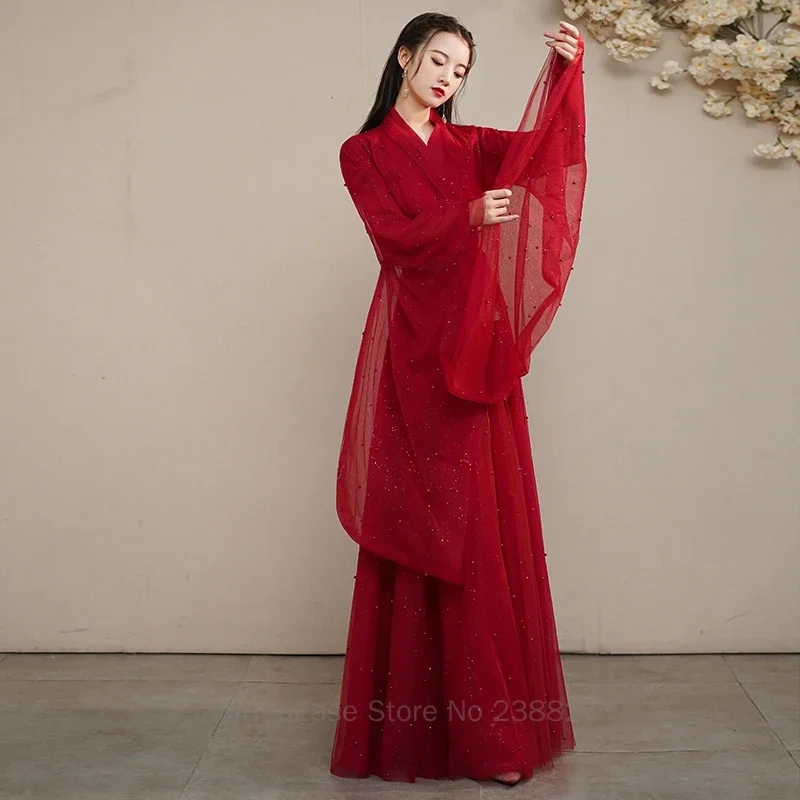 Hanfu gaun dansa wanita, kostum peri tradisional Cina merah ukuran besar Cosplay pakaian karnaval XXXL air