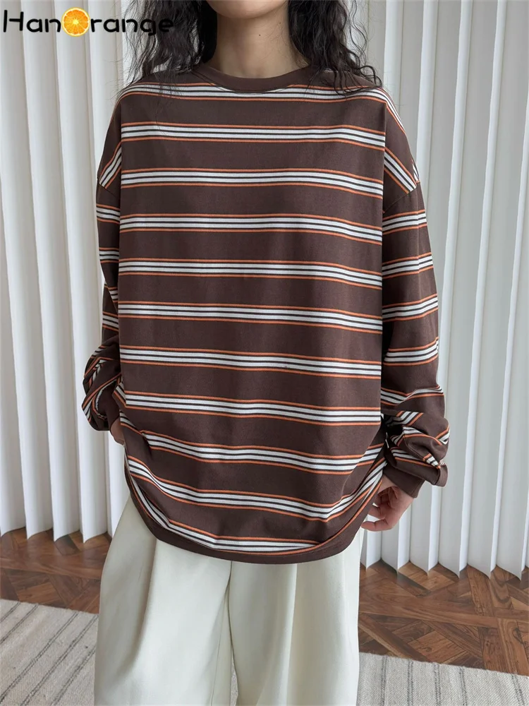 

HanOrange 2025 Spring Vintage Colorful Striped Long Sleeve T-shirt Women Comfortable Simple Top Tees White/Green/Coffee