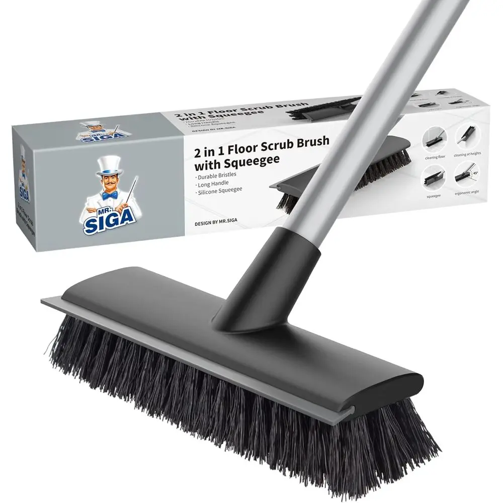 

Long-Handled Floor Scrub Brush and Squeegee, 2-in-1 Tool for Cleaning Tiles, Walls, and More