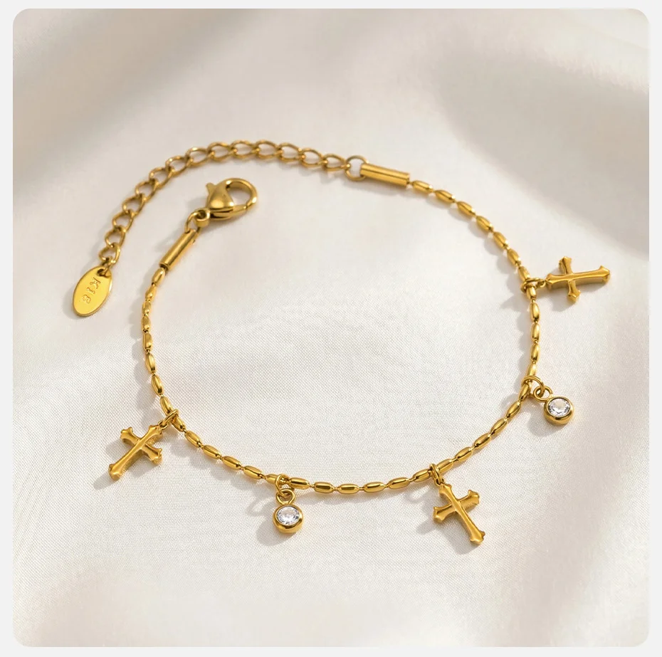 Vnox Schickes Zirkonia-Kreuz-Charm-Armband für Frauen, Edelstahl, vergoldet, mit olivfarbenen Perlen, religiöser Gebetsschmuck. – Detail 5