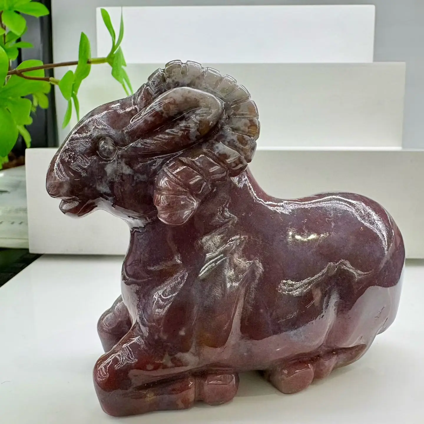 Natural Indian Agate Sheep Figurine Hand Carved Crystal Goat Statue Reiki Energy Stone Zodiac Animal Desktop Ornament Gift