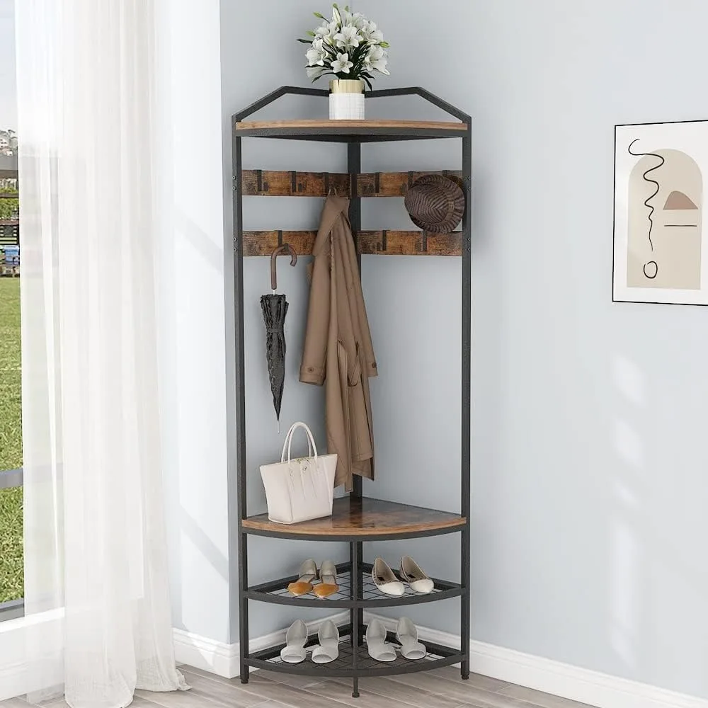

Corner Hall Tree with Shoe Bench Entryway,Coat Rack with 10 Metal Movable Hooks Floor Standing Clothes Rack Shoes Shelf