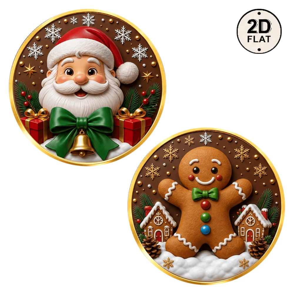 1pc Christmas Metal Challenge Coin Santa Gingerbread Man Snow Scene Ornament Collectible Medal Holiday Gift for Family Friends
