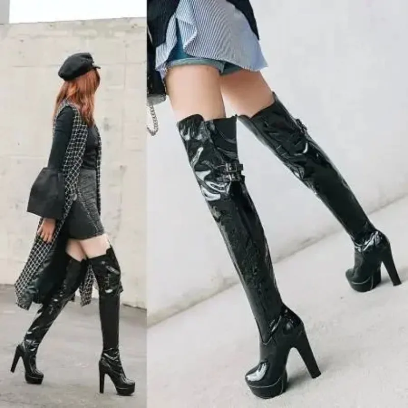 Women Platform Over The Knee Boots Sexy 12CM Super High Heels Red Patent Leather Long Boots Woman 2025 Winter Black Shoes