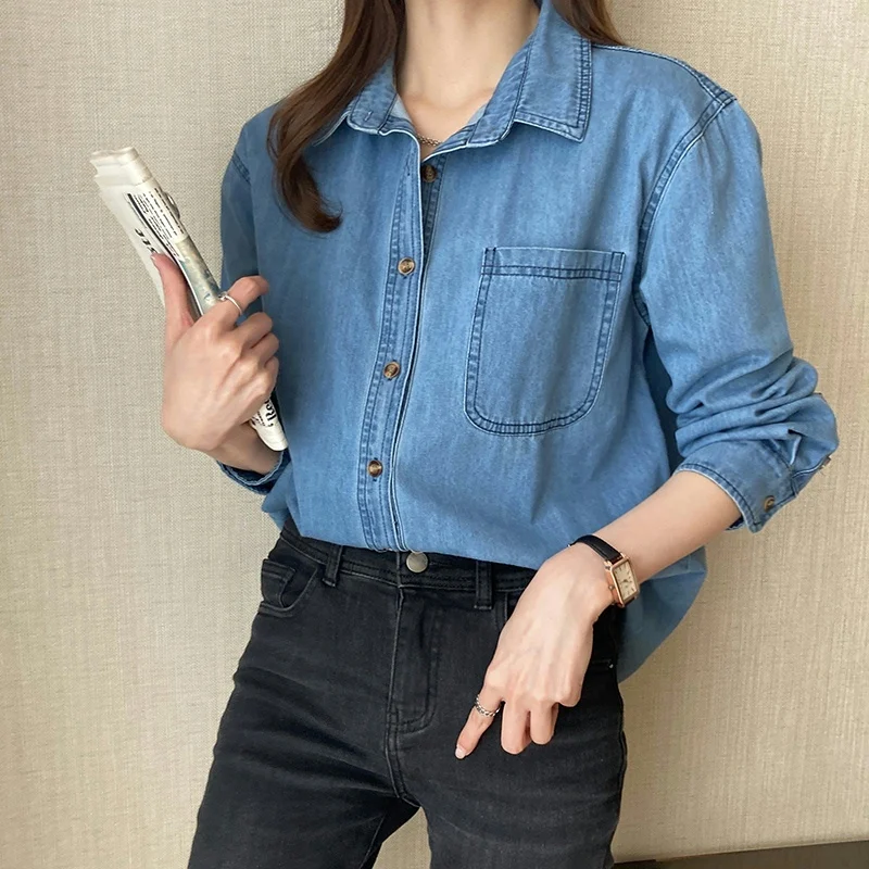 Vintage Denim Blouses For Women Spring Autumn Long Sleeved Lapel Solid Shirts Classic Simple Casual Jean Tops