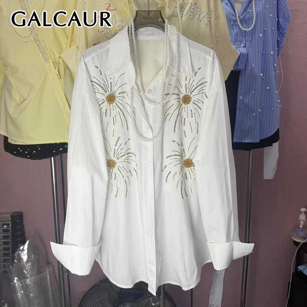 

GALCAUR Fashion Spliced Bead Casual Shirts for Women Lapel Long Sleeves Patchwork Single Breasted Elegant Shirt Female Style New