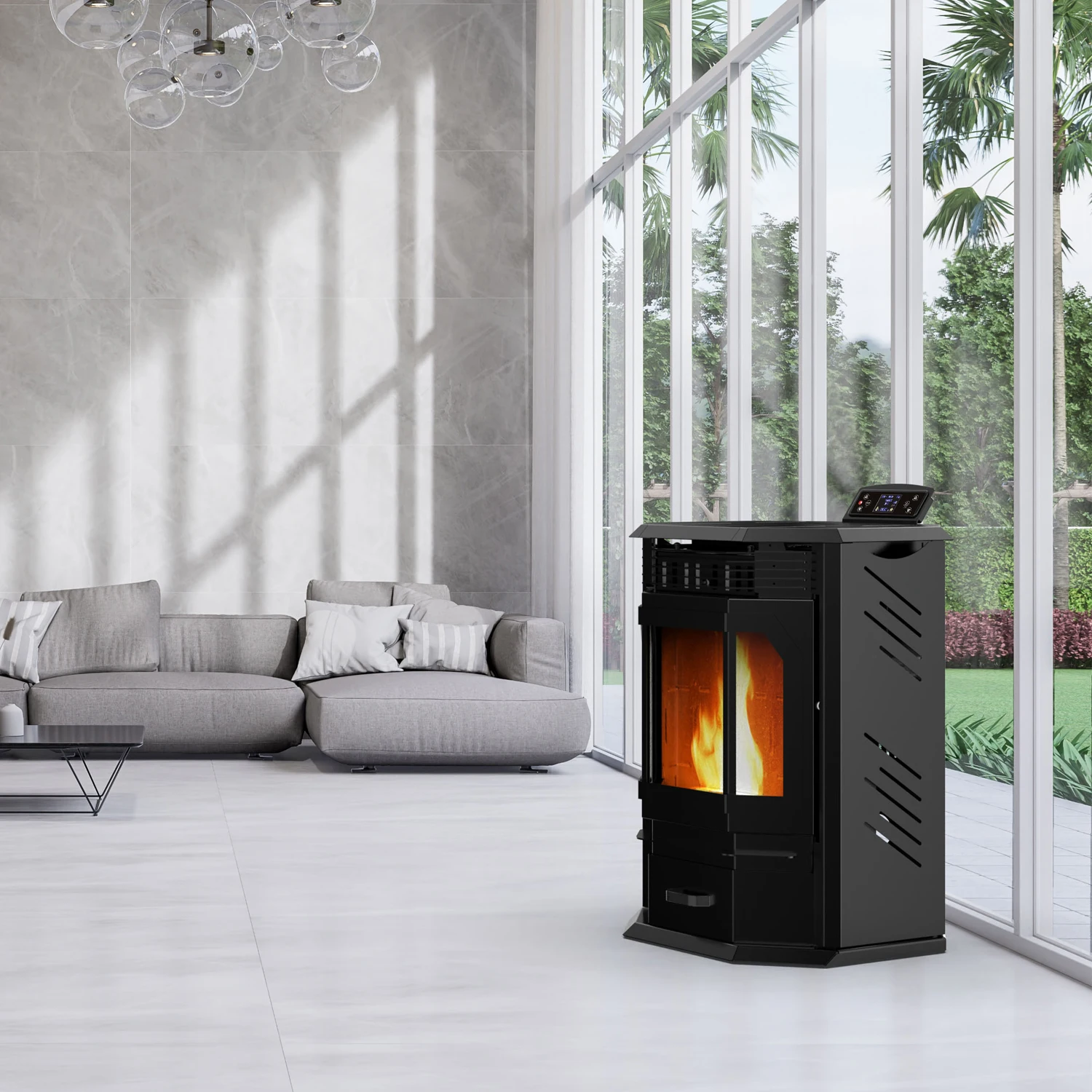 12KW  Automatic Feeding Indoor Electric Smokefree WiFi Enabled Wood Pellet Stove Heater 1076-sqft Heating Area Pellet Fireplace