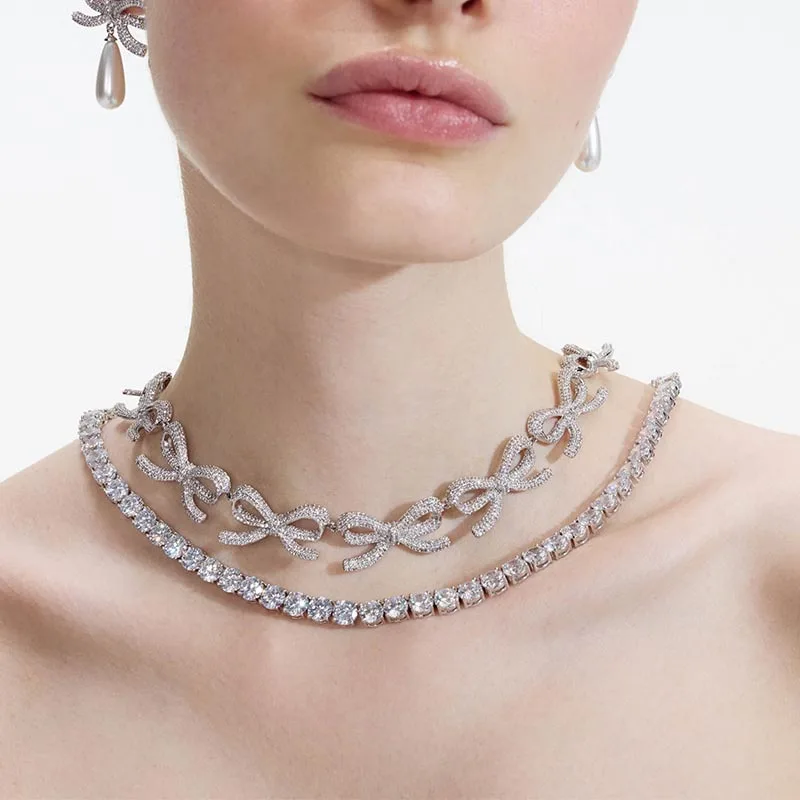 

Роскошное двухслойное колье-чокер со стразами, элегантное ожерелье с бантом и кристаллами, цепочка на ключицы, женская свадебная вечеринка, милые ювелирные изделия, подарки