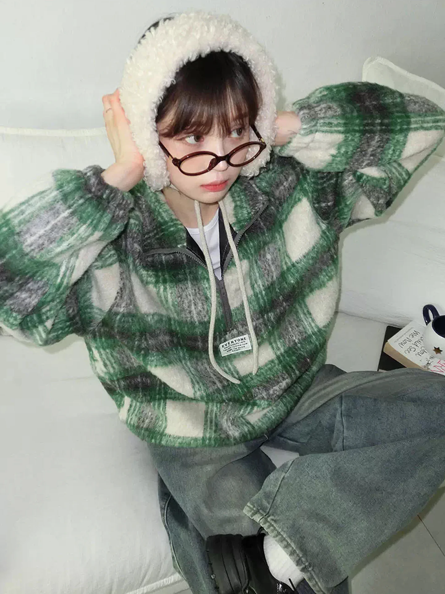 الرجعية اللون بلو منقوشة هوديي Jaet المرأة شتاء جديد f البريدي Dstring المخملية irt عارضة مريحة فضفاضة تناسب