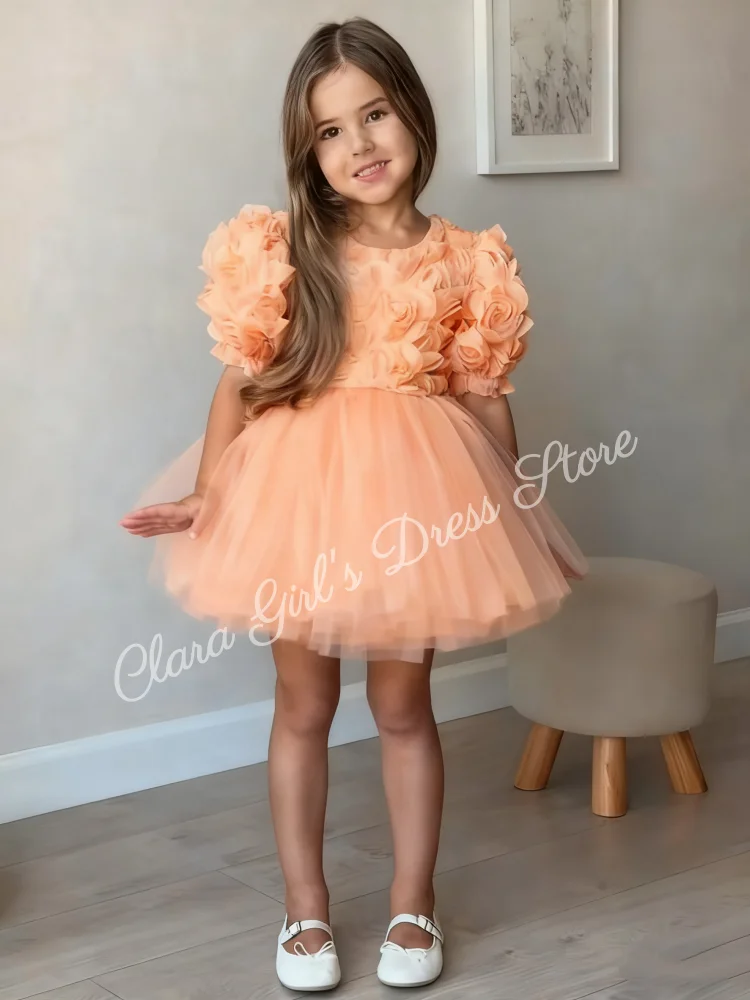 A-line Skirt Knee-Length Puffy Tulle Girls' Dress Children’s Wedding Party Dress Floral Girls' Evening Gown Customizable