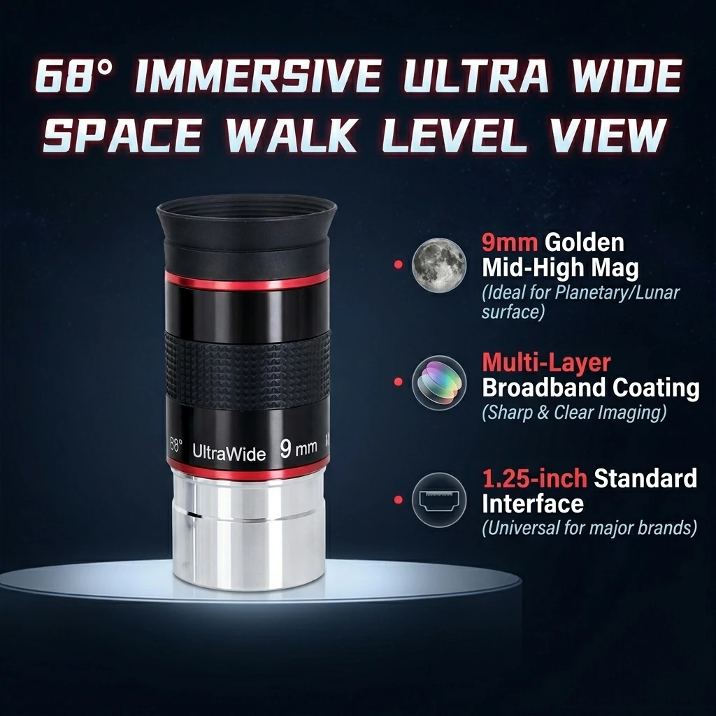 

9mm 68 Degree Ultra Wide Angle Eyepiece 1.25 inch HD Planetary Moon Observation Eyepiece for Astronomical Telescope Long Eye Rel