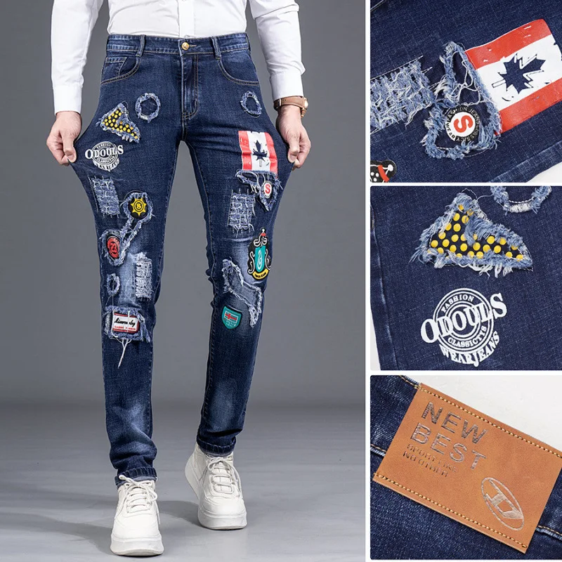 

New High-End Men'S Slim Fit Fashion Embroidered Versatile Jeans With Holes Casual Stretch Cotton Blue Washed Denim Pants