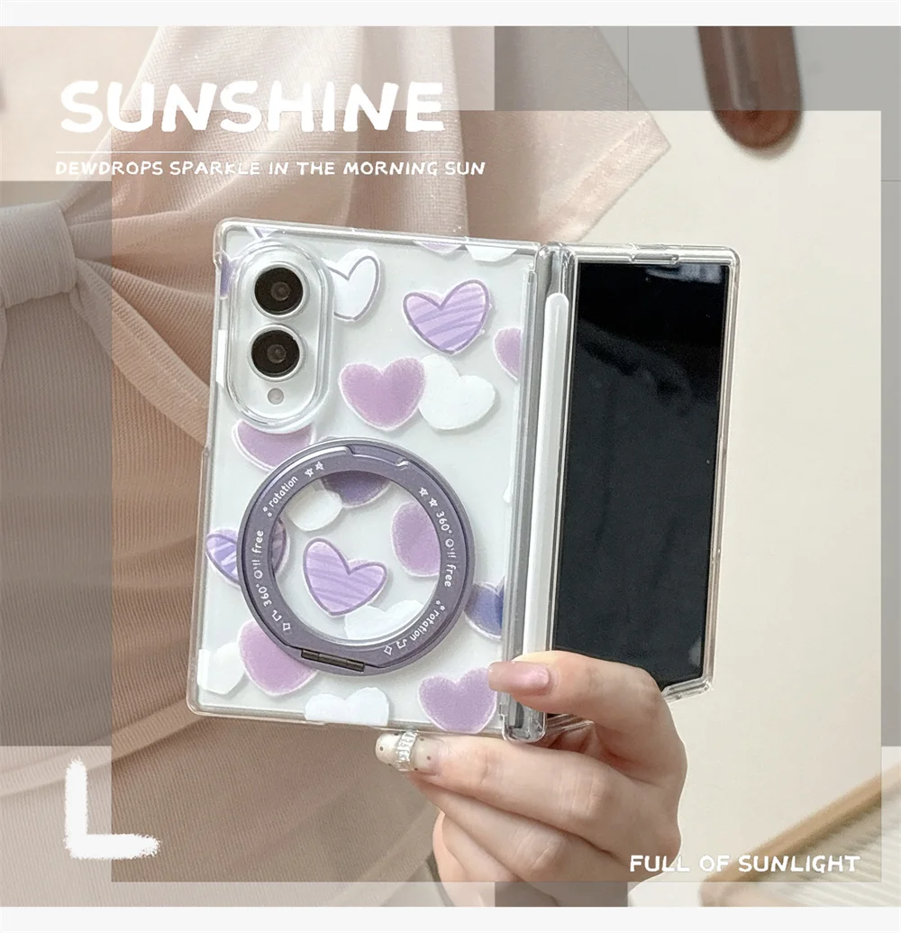 Purple Pink Heart Print Phone Case For Samsung Galaxy Z Fold 8 360°Rotating Ring Holder Hard Cover With Crystal Bead Wrist Chain