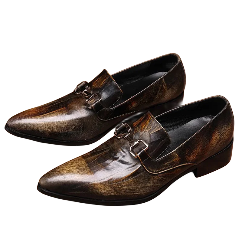 Bronze Pointed Toe Leisurely Leather Shoes Lace Up Formal Shoes Men Classic Style Leather Slip-on Shoes