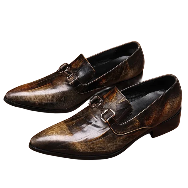 Bronze Pointed Toe Leisurely Leather Shoes Lace Up Formal Shoes Men Classic Style Leather Slip on Shoes