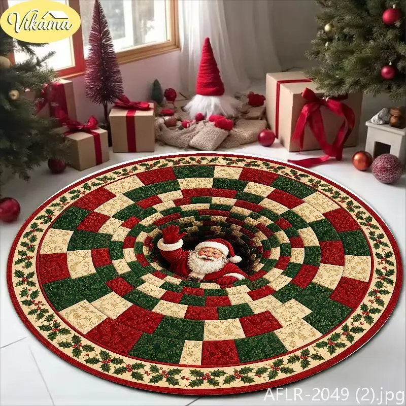 VIKAMA Circular Rug 3D Vortex Santa Claus Checkered Christmas Round Carpet For Bedroom Living Room Non Slip Area Rug Home Decor