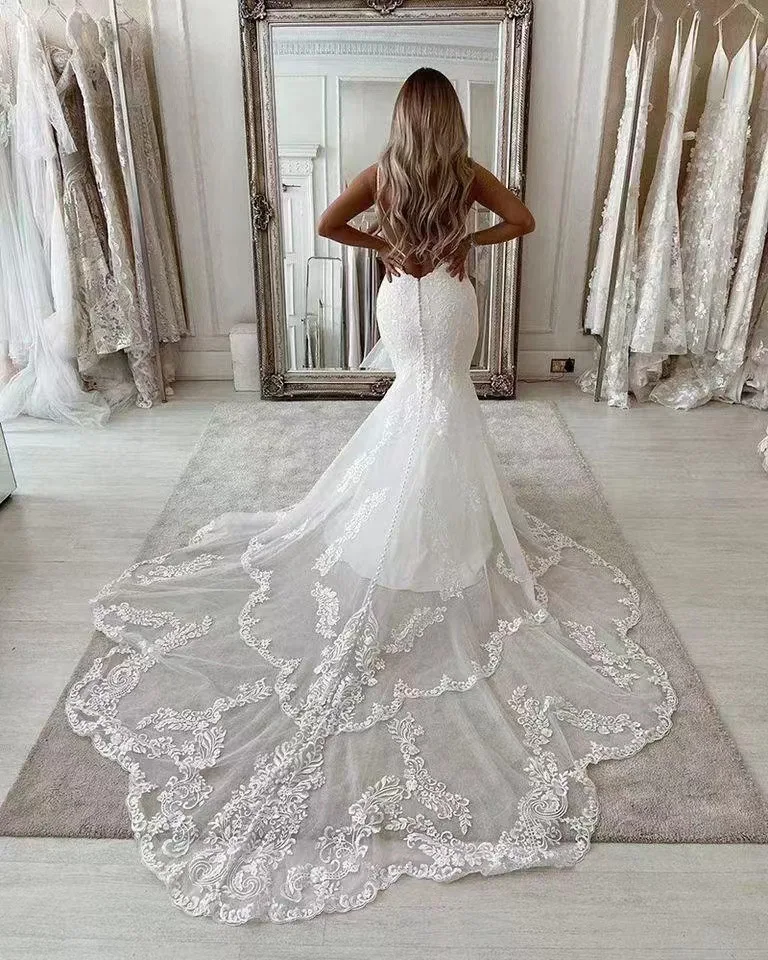 Personalizado elegante sereia vestidos de casamento feminino apliques tribunal trem sem costas vestidos de noiva robe de noiva