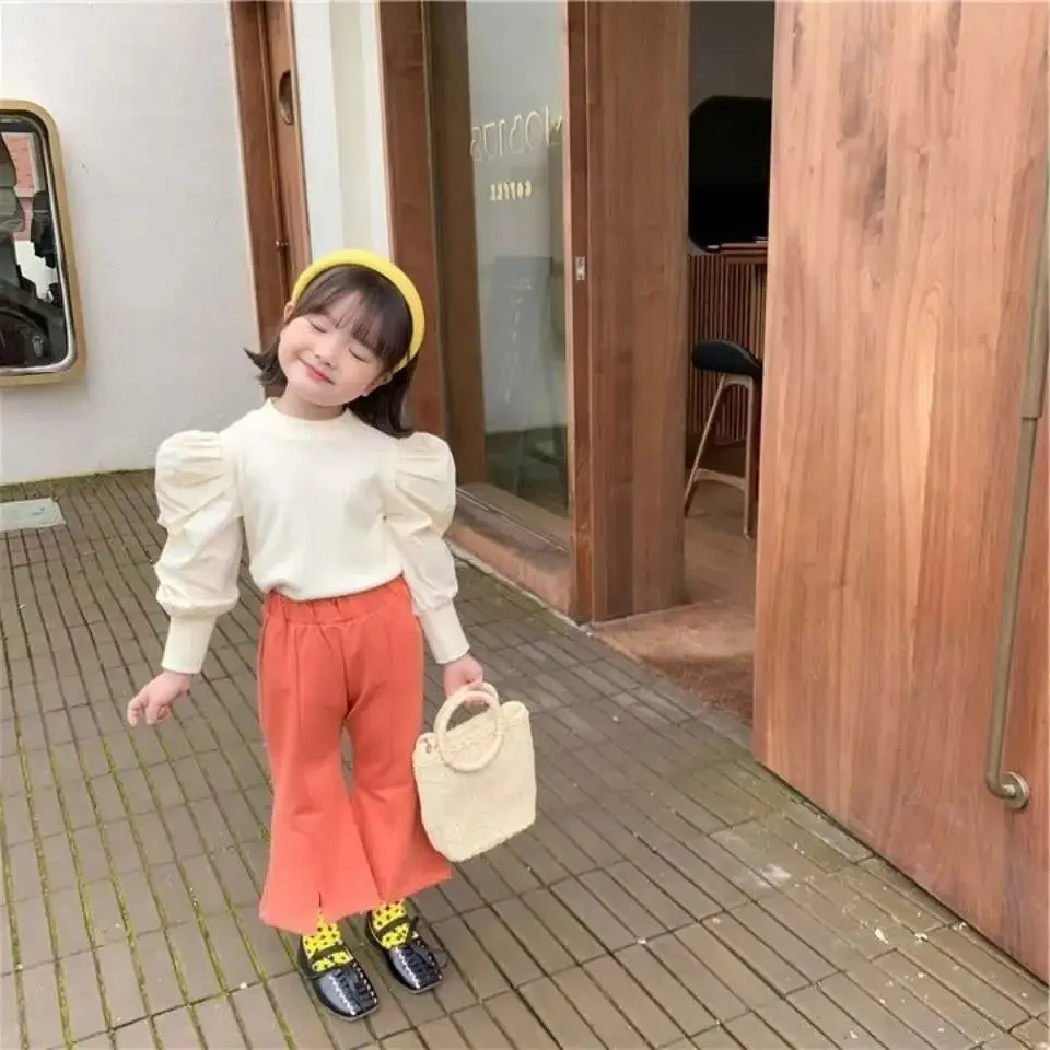 

Retro Design Top Children's Tees Baby Cotton Long Sleeve T-shirt 0-7Y Spring and Autumn Girls Puff Sleeve Thread Bottom Shirt