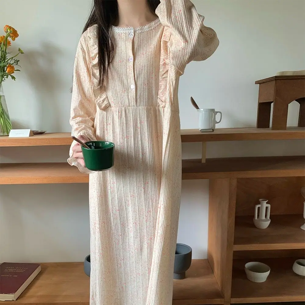 Lace Women Nightgown Korean Sleepwear O-neck Nightwear Print One Piece Pajamas Ruffles Autumn Sleeping Print Night Dress New