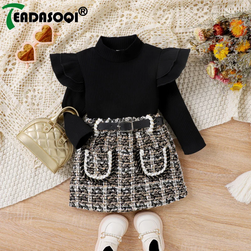 

6M-5Y Kids Girls Clothing Sets Autumn Winter Long Sleeve Fly Shoulder Semi-high Collar Top With Belt Short Skirt Child Outfits