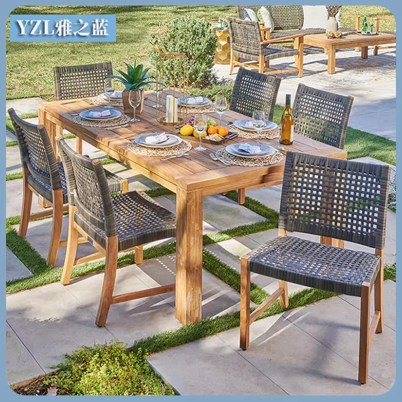 

Outdoor Teak Table And Chairs Villa Courtyard Preservative Solid Wood Dining Table Garden Terrace Rattan Chair Outdoor Leisure