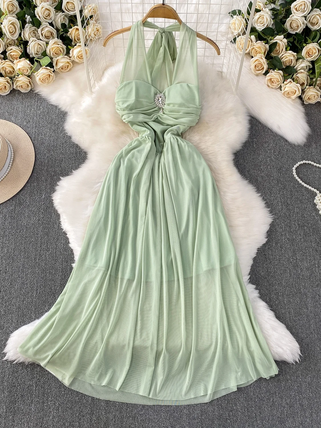 エレVネックウエストシェイプドセクシーハンギングネグランハイウエストAラインスカートサマーシーズンレディースドレス